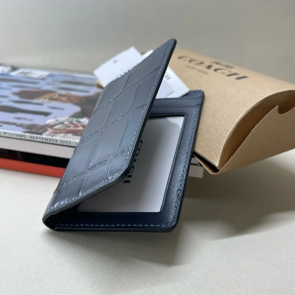 (new+tag+box) Coach Men bifold + card case croc navy wallet size 4.25x3 inch